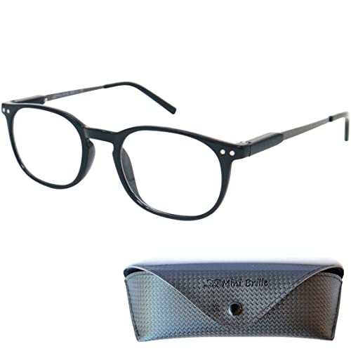 Mini Brille Nerd Pin Lesebrille, Gratis Etui, Kunststoff Rahmen und Metall Bügeln mit Federscharnier (Schwarz), Lesehilfe Damen und Herren +1.5 Dioptrien von Mini Brille