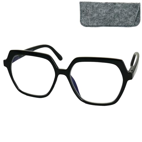 Stilvolle Moderne Lesebrille Damen Sechseckig mit große kratzfeste Gläsern, Etui, Leichten Kunststoff Brillengestell (Schwarz), Moderne Lesehilfe Damen +2.0 Dioptrien von Mini Brille