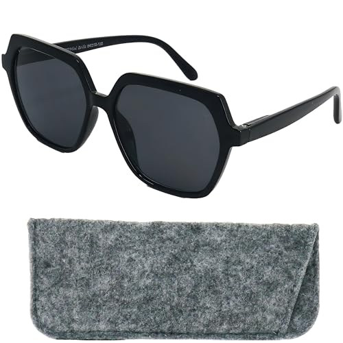 Mini Brille Stilvolle Sonnenbrille Sechseckig Damen mit Sehstärke, Leichten Kunststoff Brillengestell mit (Schwarz) und großen Gläsern, Gratis Etui, Moderne Lesesonnenbrille +1.5 Dioptrien von Mini Brille