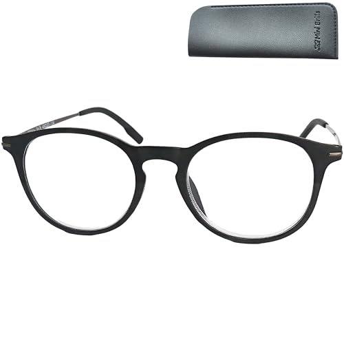 Moderne Nerd Lesebrille mit große Runde Gläsern - mit Gratis Etui, Kunststoff Rahmen (Schwarz) und Metall Bügeln (Graphit), Lesehilfe Damen und Herren +1.0 Dioptrien von Mini Brille