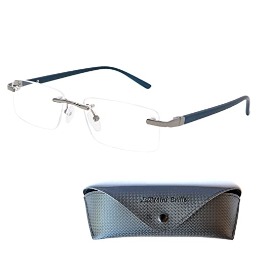 Mini Brille Randlose Lesebrille mit rechteckigen Gläsern - mit Gratis Etui, Edelstahl Rahmen (Blau), Lesehilfe Herren und Damen +1.0 Dioptrien von Mini Brille