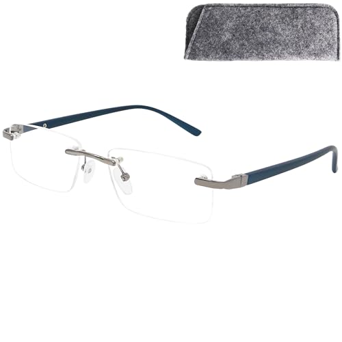 Randlose Lesebrille mit rechteckigen Gläsern - mit Gratis Etui, Edelstahl Rahmen (Blau), Lesehilfe Herren und Damen +2.0 Dioptrien von Mini Brille