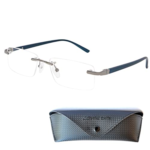 Mini Brille Randlose Lesebrille mit rechteckigen Gläsern - mit Gratis Etui, Edelstahl Rahmen (Blau), Lesehilfe Herren und Damen +2.5 Dioptrien von Mini Brille