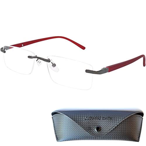 Mini Brille Randlose Lesebrille mit rechteckigen Gläsern - mit Gratis Etui, Edelstahl Rahmen (Rot), Lesehilfe Herren und Damen +1.5 Dioptrien von Mini Brille