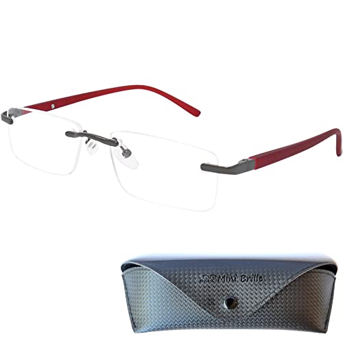 Mini Brille Randlose Lesebrille mit rechteckigen Gläsern - mit Gratis Etui, Edelstahl Rahmen (Rot), Lesehilfe Herren und Damen +2.0 Dioptrien von Mini Brille