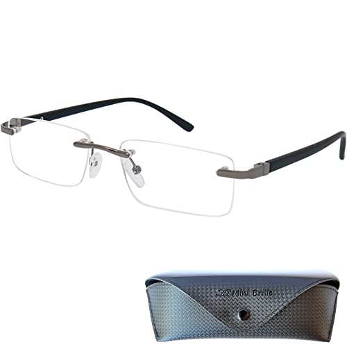 Mini Brille Randlose Lesebrille mit rechteckigen Gläsern - mit Gratis Etui, Edelstahl Rahmen (Schwarz), Lesehilfe Herren und Damen +1.0 Dioptrien von Mini Brille