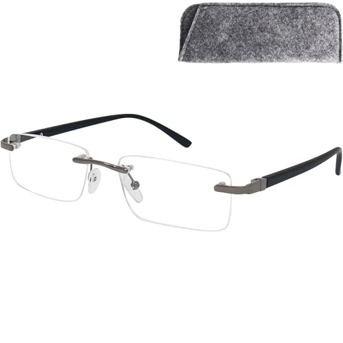 Randlose Lesebrille mit rechteckigen Gläsern - mit Gratis Etui, Edelstahl Rahmen (Schwarz), Lesehilfe Herren und Damen +1.0 Dioptrien von Mini Brille
