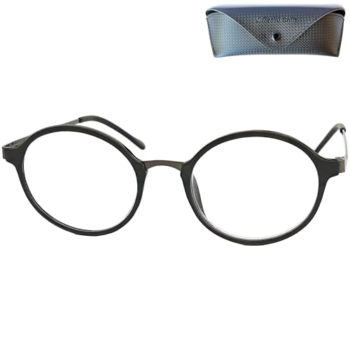 Runde Lesebrille - mit Gratis Etui, Kunststoff Rahmen (Schwarz), Metall Brücke und Bügeln (Graphit), Lesehilfe für Damen und Herren +2.5 Dioptrien von Mini Brille