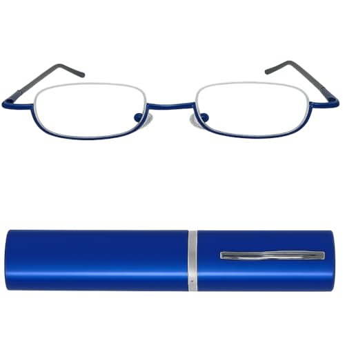 Schmale Metall Mini Halbbrille Lesebrille, Edelstahl Rahmen (Blau), mit Gratis Slim-Fit Alu Etui, Lesehilfe Damen und Herren +2.0 Dioptrien von Mini Brille