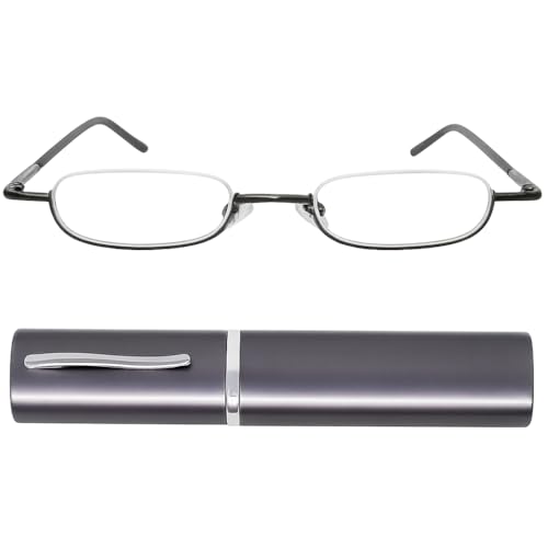 Schmale Metall Mini Halbbrille Lesebrille, Edelstahl Rahmen (Graphit), mit Gratis Slim-Fit Alu Etui, Lesehilfe Damen und Herren +2.0 Dioptrien von Mini Brille
