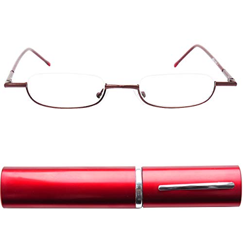 Schmale Metall Mini Halbbrille Lesebrille, Edelstahl Rahmen (Rot), mit Gratis Slim-Fit Alu Etui, Lesehilfe Damen und Herren +1.5 Dioptrien von Mini Brille