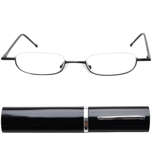 Schmale Metall Mini Halbbrille Lesebrille, Edelstahl Rahmen (Schwarz), mit Gratis Slim-Fit Alu Etui, Lesehilfe Damen und Herren +1.0 Dioptrien von Mini Brille