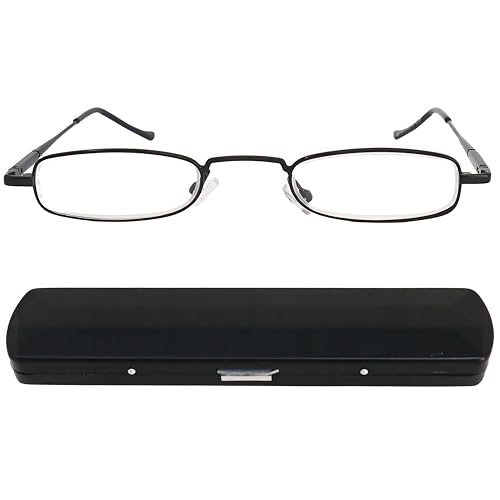 Schmale Metall Mini Lesebrille, Edelstahl Rahmen (Schwarz), mit Gratis Slim-Fit Alu Etui, Lesehilfe Flach Damen und Herren +2.0 Dioptrien von Mini Brille