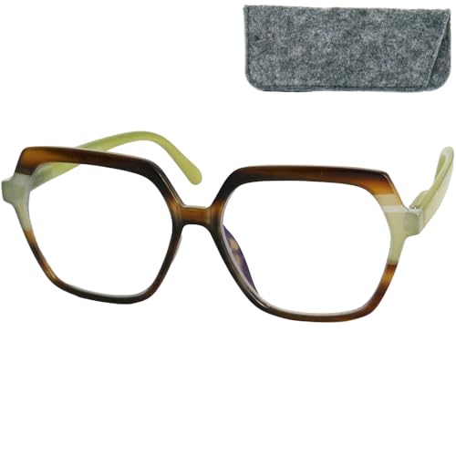 Stilvolle Moderne Lesebrille Damen Sechseckig mit große kratzfeste Gläsern, Etui, Leichten Kunststoff Brillengestell (Farbig Weiss mit Grün), Moderne Lesehilfe Damen +2.5 Dioptrien von Mini Brille