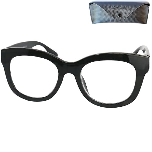 Stilvolle Retro Lesebrille Dicker Rahmen und großen Gläsern, Gratis Etui, Kunststoff Brillengestell mit Federscharnier (Schwarz), Lesehilfe Damen +2.0 Dioptrien von Mini Brille