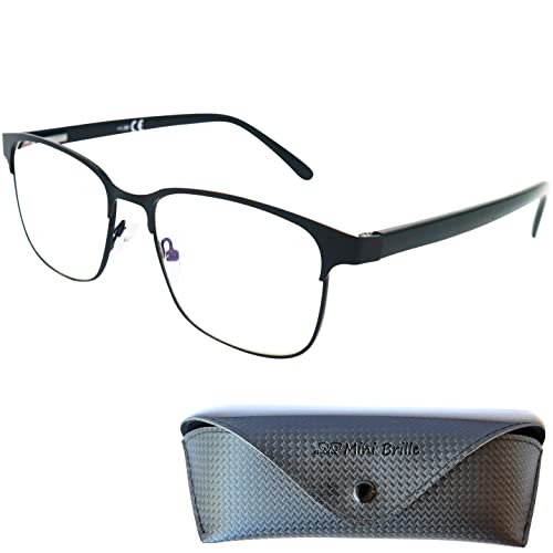 Mini Brille Vintage Anti Blaulicht Brille Lesebrille mit großen Gläsern, Gratis Etui, Metall Rahmen und Kunststoff Brillenbügel (Schwarz), Blaulichtfilter Brille Herren und Damen 1.5 Dioptrien von Mini Brille