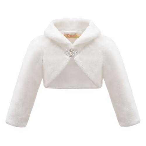Mini Mart Online Limited Mädchen Bolero Jacke Kunstfell Elegant Langarm Shrug mit Strass Verschluss für Hochzeit Party Besondere Anlässe Weiß Elfenbein, elfenbeinfarben, 13 Jahre von Mini Mart Online Limited
