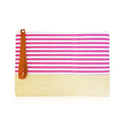 Mini Momo Make-up-Tasche, Reise-Organizer, Kulturbeutel für Damen, kleine Kosmetiktasche für Geldbörse, niedlicher Stoff-Aufbewahrungs-Kupplung, Wristlet Pouch - Striped Canvas Pink, Make-up-Tasche von Mini Momo