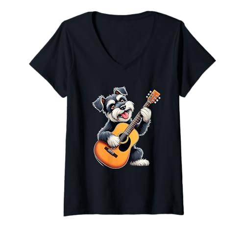 Damen Lustiger Mini-Schnauzer-Hund, der Gitarre spielt, Musikliebhaber T-Shirt mit V-Ausschnitt Damen Lustiger Mini-Schnauzer-Hund, der Gitarre spielt, Musikliebhaber T-Shirt mit V-Ausschnitt von Mini Schnauzer Dog Lovers Designs