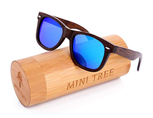 Mini Tree Bambus Sonnenbrille Herren Polarisierte Handgefertigte Cat.3 Floating Retro Sun Brille für Damen UV400 Schutz (Schwarz, Blau) von Mini Tree