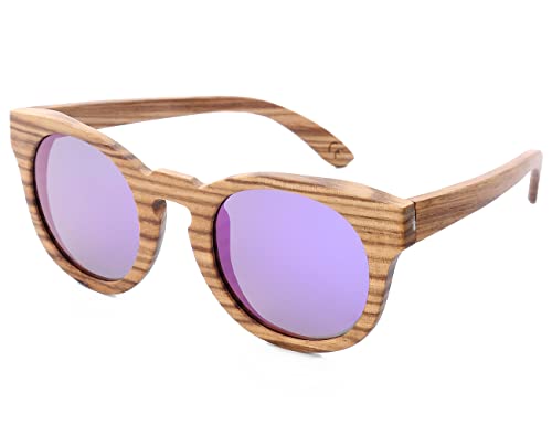 Mini Tree Sonnenbrille Holz Herren Polarisiert Verspiegelt Handgefertigte Cat.3 Floating Retro Rund Sun Brille für Damen UV400 Schutz (Holzrahmen Violette Linse) von Mini Tree