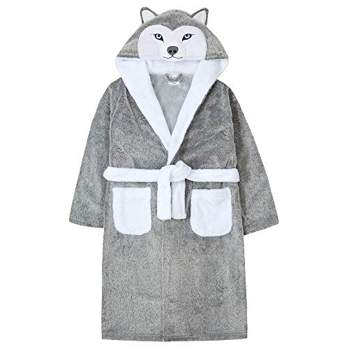 MiniKidz & 4Kidz Kinder-Bademantel aus Fleece, Motiv: Husky, 2–13 Jahre Gr. 104, grau von MiniKidz & 4Kidz