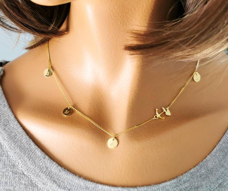 Personalisierte Anker-Halskette 925 Silber | Optional 24K Vergoldet/18K Rosé 1-4 Gravur-Plättchen 40/45/50 cm +5 von MiniManufacture