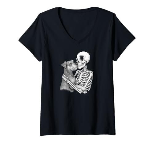 Damen Skelett umarmt Miniaturschnauzer Hund Halloween T-Shirt mit V-Ausschnitt Damen Skelett umarmt Miniaturschnauzer Hund Halloween T-Shirt mit V-Ausschnitt von Miniatur -Schnauzer Mom Tee