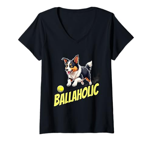 Damen Lustiger ballaholic-Miniatur-Amerikanischer Schäferhund Mini Aussie T-Shirt mit V-Ausschnitt Damen Lustiger ballaholic-Miniatur-Amerikanischer Schäferhund Mini Aussie T-Shirt mit V-Ausschnitt von Miniature American Shepherd Fun Designs