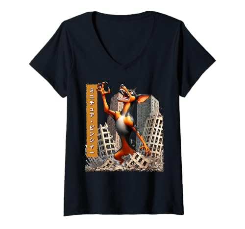 Damen Lustiger Miniatur Pinscher Hund Kaiju Monster Japanisch T-Shirt mit V-Ausschnitt von Miniature Pinscher Dog Kaiju Monster Clothing