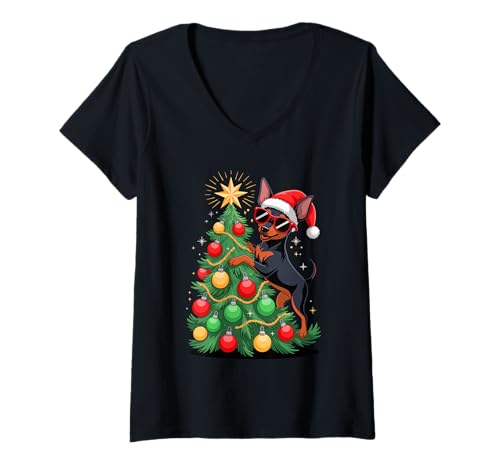 Damen Christmas Tree Miniature Pinscher Sunglasses T-Shirt mit V-Ausschnitt von Miniature Pinscher Dog Lover Gifts