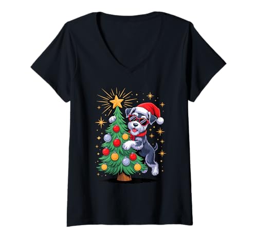 Damen Christmas Tree Miniature Schnauzer Sunglasses T-Shirt mit V-Ausschnitt von Miniature Schnauzer Dog Lover Gifts
