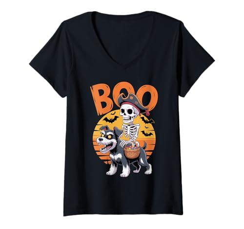 Damen Gruseliges Mini Schnauzer Kostüm Miniatur Schnauzer Halloween T-Shirt mit V-Ausschnitt von Miniature Schnauzer Halloween kids, women, men