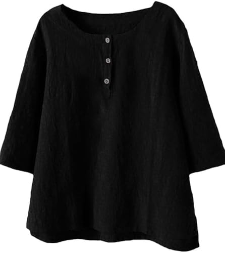 Minibee Damen 3/4 ärmel Baumwolle leinen Jacquard blusen t-Shirt xx-Large schwarz von Minibee