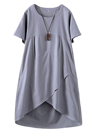 Minibee Damen Casual Leinenkleid Sommer Kurzarm Flowy Empire Taille Midi Kleider mit Taschen, GRAU, XX-Large von Minibee