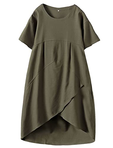 Minibee Damen Casual Leinenkleid Sommer Kurzarm Flowy Empire Taille Midi Kleider mit Taschen, Grün (Army Green), XX-Large von Minibee