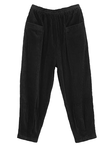 Minibee Damen Corduroy Baggy Pants Elastische Taille Lose Haremshose Baumwolle Weites Bein Hose mit Taschen, schwarz, Groß von Minibee