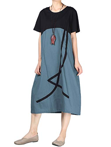 Minibee Damen Leinen Freizeitkleid Sommer Kurzarm Midi A-Linie Boho Tunika Kleider mit Taschen, Blau, X-Groß von Minibee