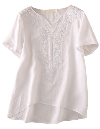 Minibee Damen Leinenhemden Sommer Boho Tops Baumwolle Bluse V Ausschnitt Kurzarm Bestickt Tunika, Weiss/opulenter Garten, X-Groß von Minibee