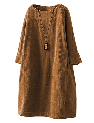 Minibee Damen Oversize Tunika Kleid Cord Langarm Tops mit Taschen - Gelb - XX-Large von Minibee