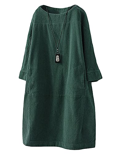 Minibee Damen Oversize Tunika Kleid Cord Langarm Tops mit Taschen - Grün - Groß von Minibee