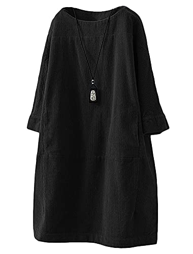 Minibee Damen Oversize Tunika Kleid Cord Langarm Tops mit Taschen - Schwarz - XX-Large von Minibee