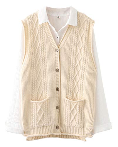 Minibee Damen Pullover Weste Casual Ärmellos Cardigan V-Ausschnitt Button Down Weste mit Taschen, Beige, Groß von Minibee