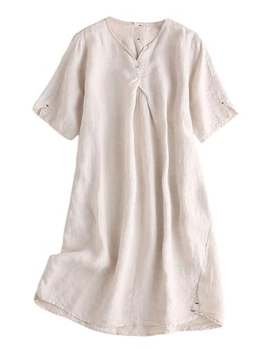Minibee Damen Sommer T-Shirt Kleid V-Ausschnitt Leinen Casual Tunika Kurzarm Boho Flowy Sun Kleider, nature, Groß Minibee Damen Sommer T-Shirt Kleid V-Ausschnitt Leinen Casual Tunika Kurzarm Boho Flowy Sun Kleider, nature, Groß von Minibee