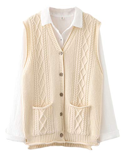 Minibee Damen Strickweste Ärmellos Weste Tops V-Ausschnitt Sweater Button Down Weste Casual Cardigan mit Taschen - Beige - Mittel von Minibee