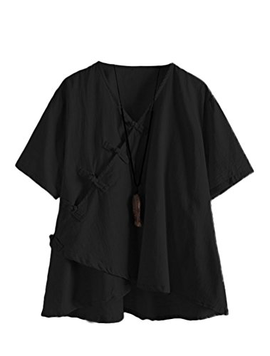 Minibee Damen leinen retro chinesische frosch-knopf tops bluse groß schwarz von Minibee