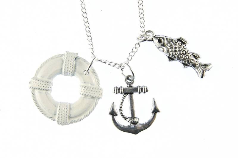 3Er Set Maritim Kette Miniblings 80cm Anker Fisch Rettungsring Boot Weiß Metall von Miniblings