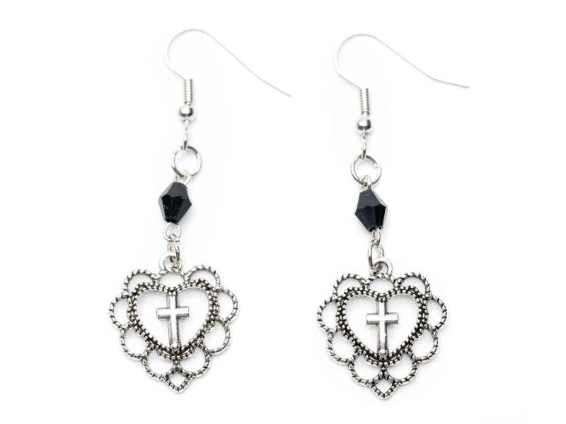 Herz Mit Kreuz Ohrringe Miniblings Hänger Kreuze Schwarze Perle Gothic Silber von Miniblings