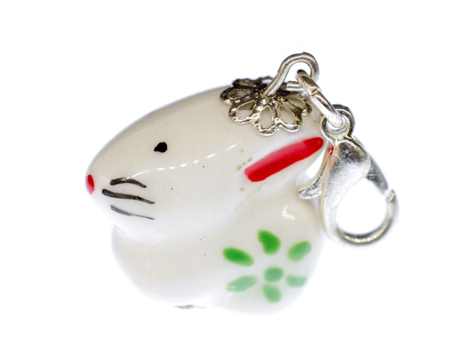 Hase Charm Zipper Pull Anhänger Miniblings Ostern Kaninchen Porzellan Weiß Blume von Miniblings