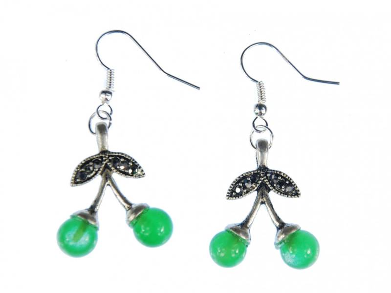 Kirschen Doppel Ohrringe Miniblings Hänger Silber Strass Grüne Perle Glas von Miniblings
